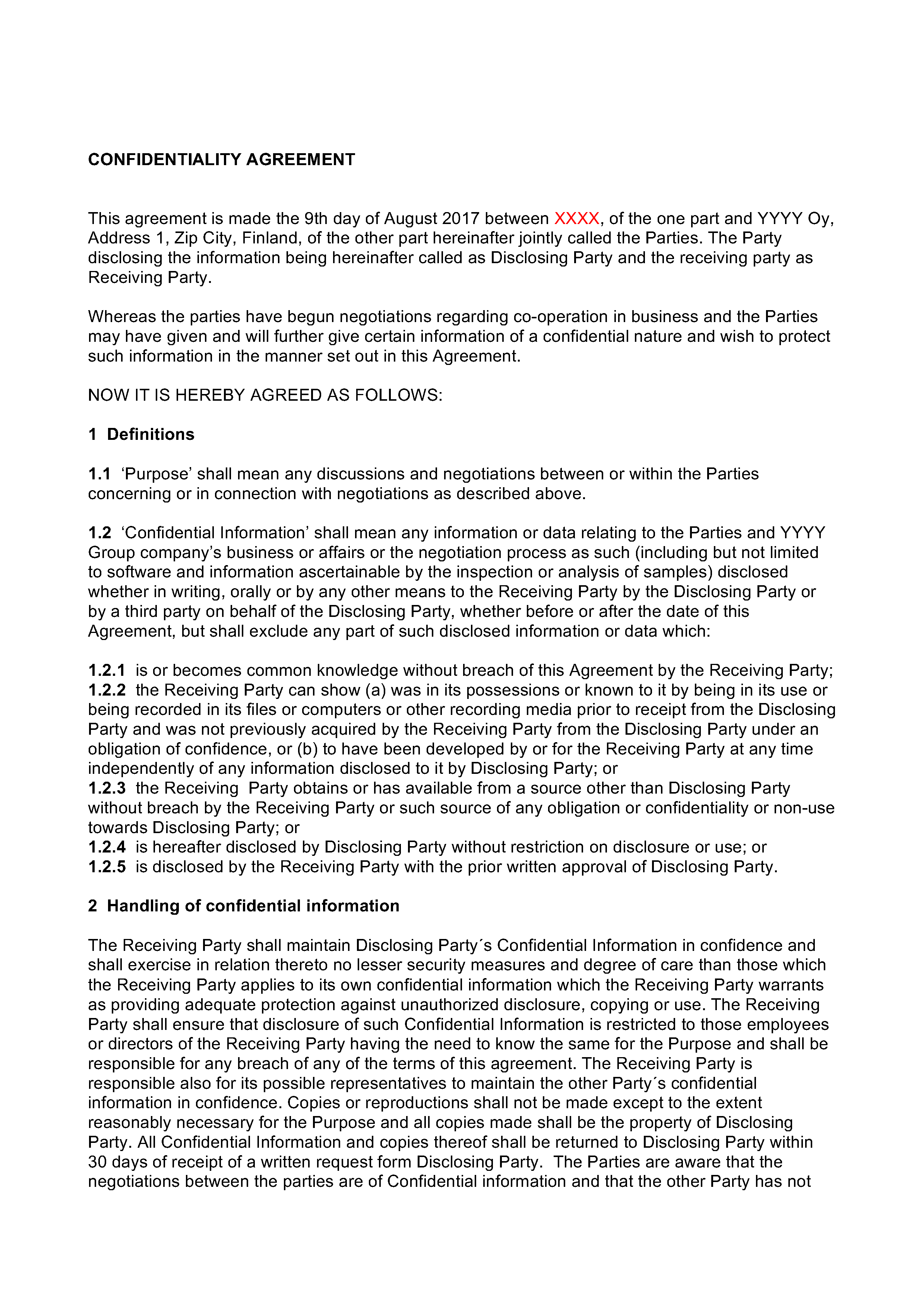 Alkuperäinen salassapitosopimus, sivu 1. Klikkaa kuva täysikokoiseksi.